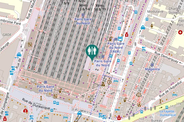 Map showing location of Voie d'accès vélostation Gare du Nord Toilet