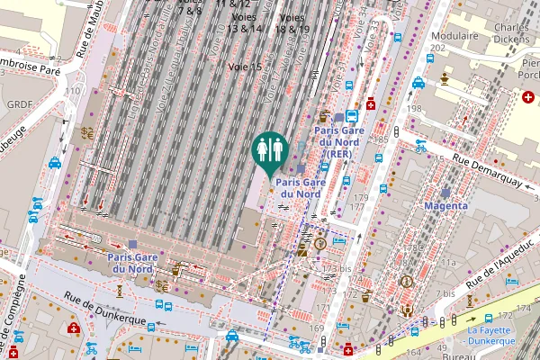 Map showing location of Voie d'accès vélostation Gare du Nord Toilet