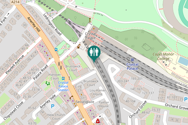 Map showing location of Crystal Palace Station platform 1 toilets
