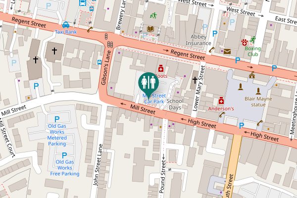 Map showing location of Mill Street Toilet