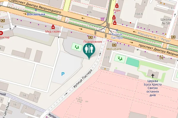 Map showing location of Dmytra Yavornytskoho Avenue 119 Toilet