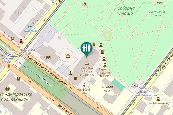 Map showing location of Dmytra Yavornytskoho Avenue 16-А Toilet