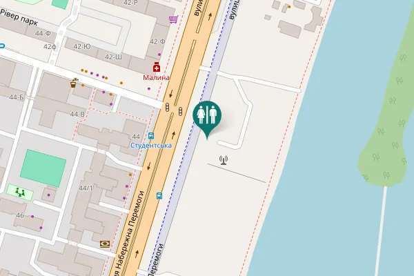 Map showing location of Naberezhna Peremohy Street Toilet