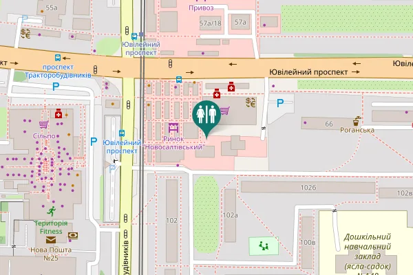 Map showing location of Traktorobudivnykiv Avenue 104 Toilet