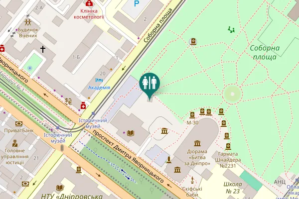 Map showing location of Dmytra Yavornytskoho Avenue 18 Toilet