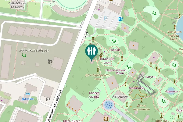 Map showing location of Dynamivs'ka Street Toilet