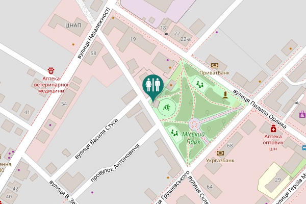 Map showing location of Skliarova Street Toilet
