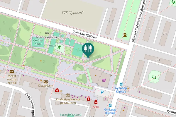 Map showing location of Yuryeva Boulevard Toilet