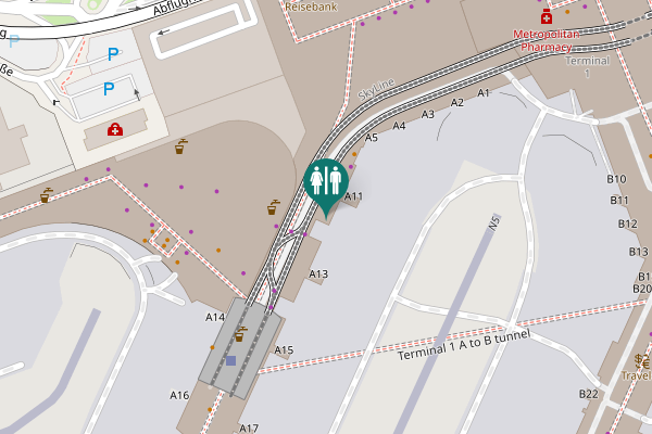 Map showing location of Terminal 1 A to B tunnel Toilet