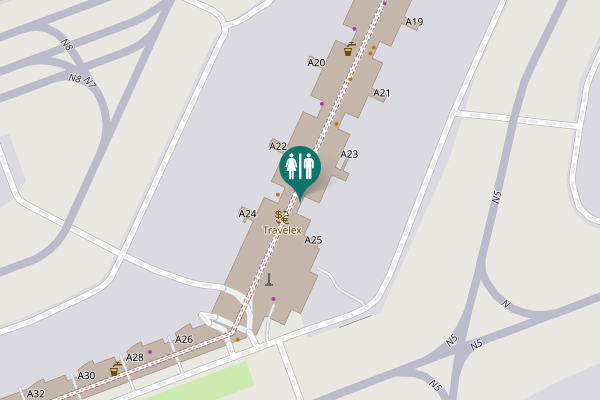 Map showing location of Terminal 1 A to B tunnel Toilet