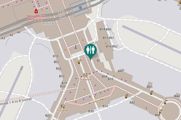 Map showing location of Terminal 1 A to B tunnel Toilet