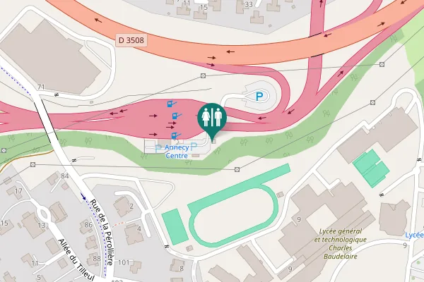Map showing location of Annecy Centre, Sortie 16 Toilet
