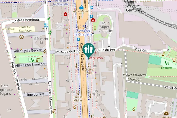 Map showing location of Rue de la Chapelle Toilet
